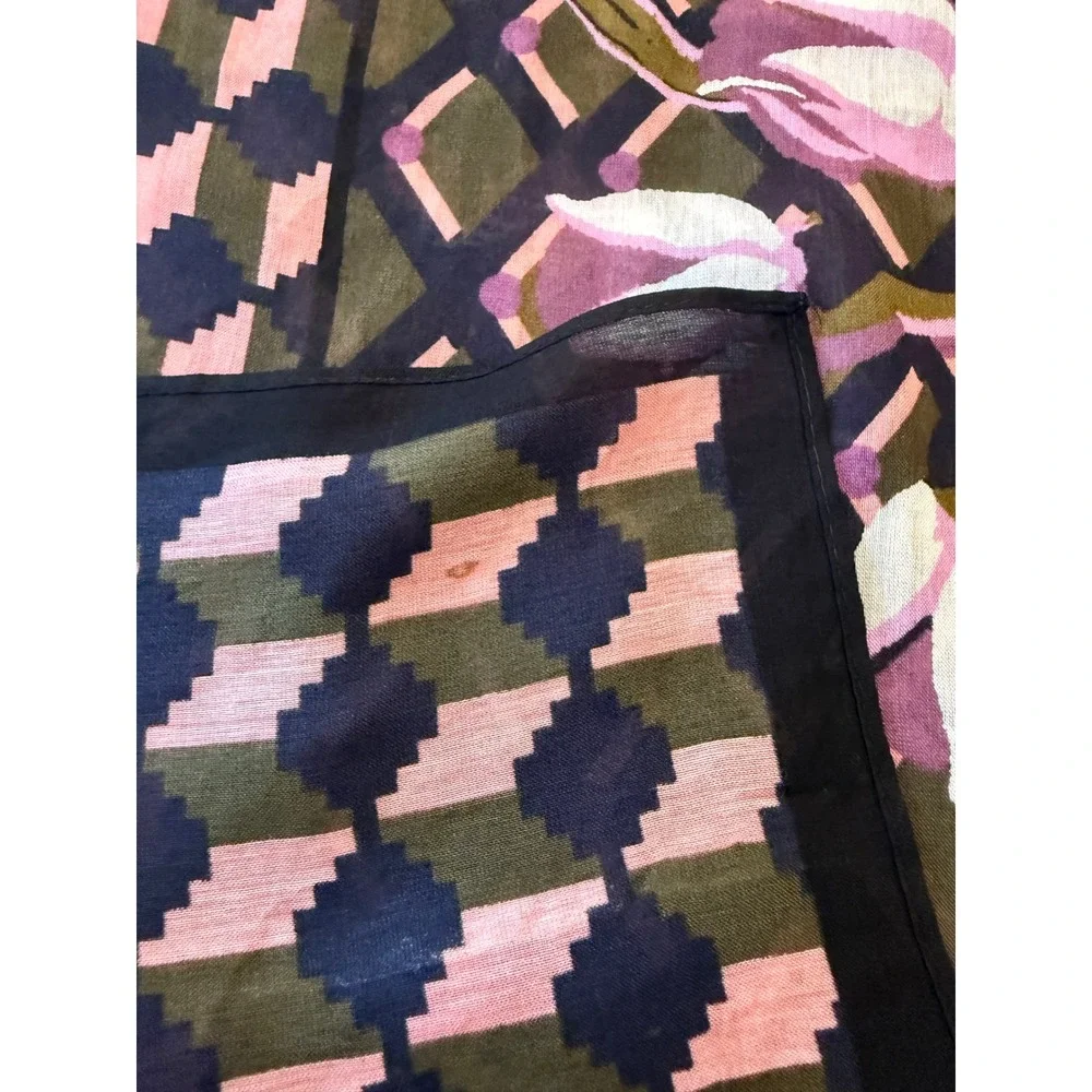 Floral Lightweight Geometric Square Scarf Pink Green Mod Cottagecore
